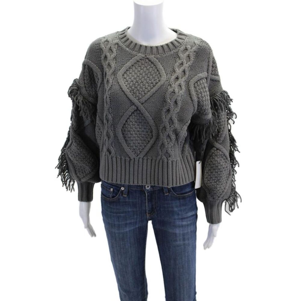 Line And Dot Womens Chunky Crochet Knit Fringe Sweater Gray Cotton Size XS